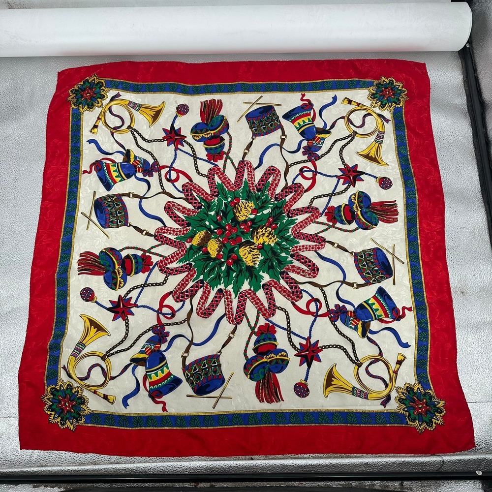 Vintage Style Christmas Holiday Square Scarf Red Damask Musical Instruments 34in
